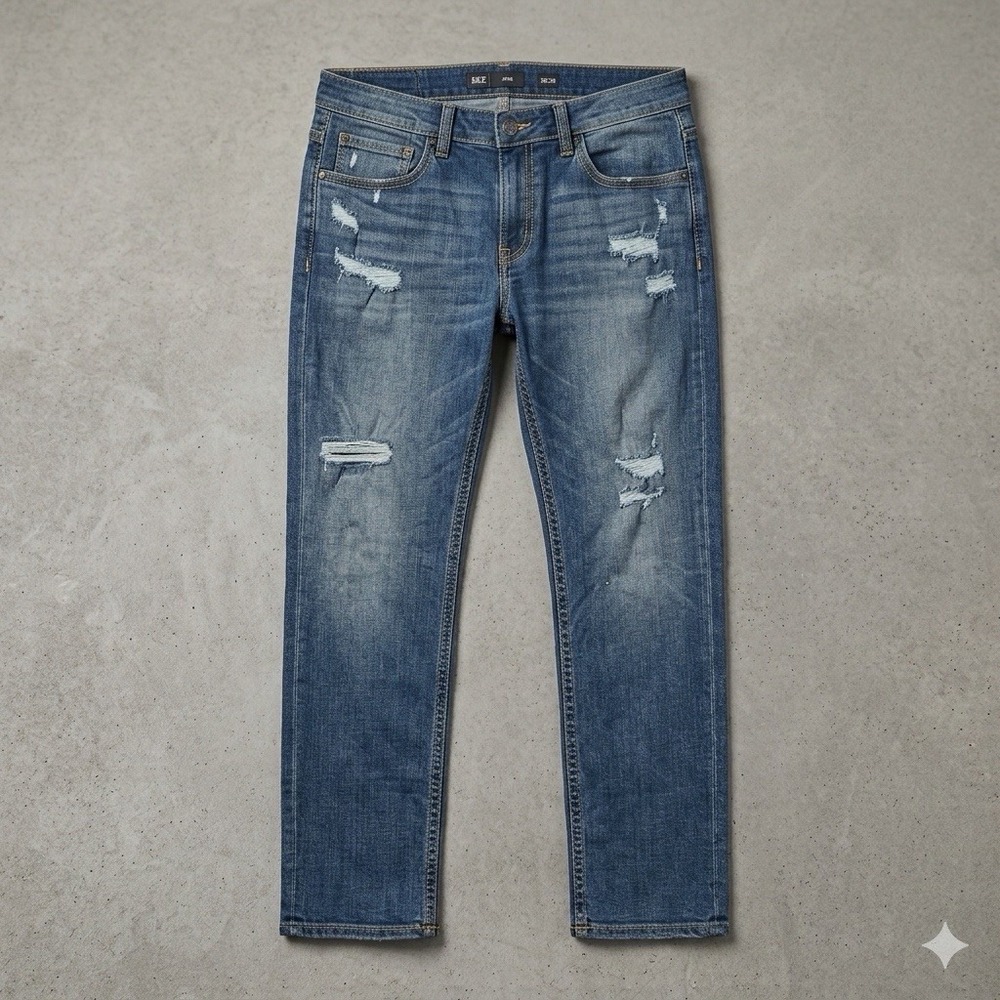 BKE Jake Jeans Mens 36x38 Slim Straight Distressed Thick Stitch Tall Denim